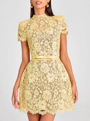Yellow Lace See-Through Round Neck Dress