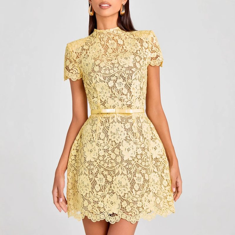 Yellow Lace See-Through Round Neck Dress