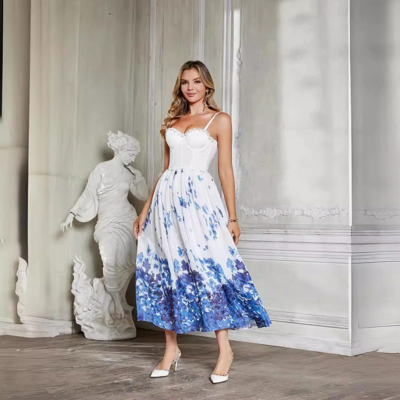 Gradient Blue Floral Corset Chiffon Cami Dress - Image 3