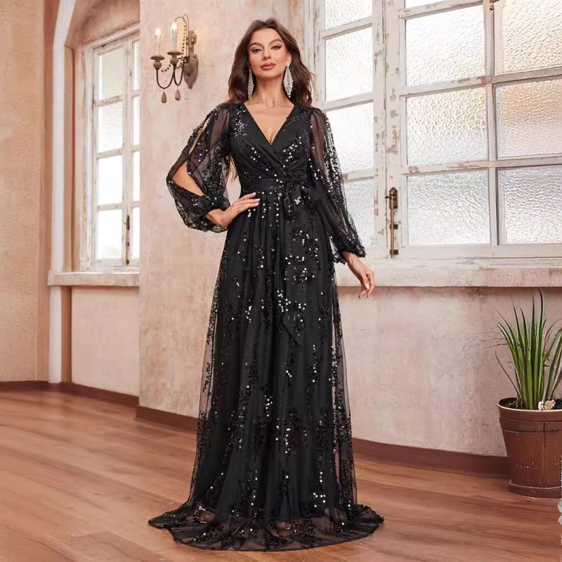 Elegant Sequined V-Neck Long Evening Dress - Image 4