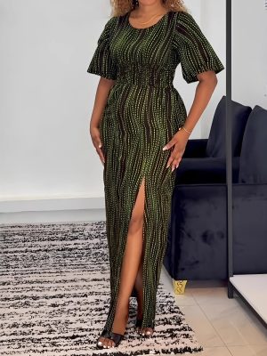 Vacation Printed Split Dress with Cinched Waist