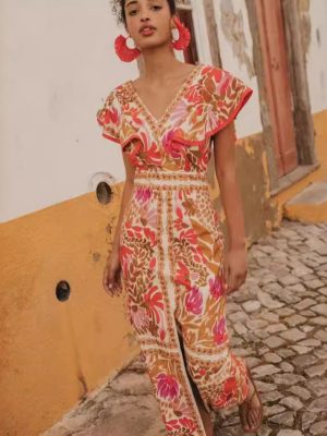 Floral V-Neck Flounce Dress with Slit