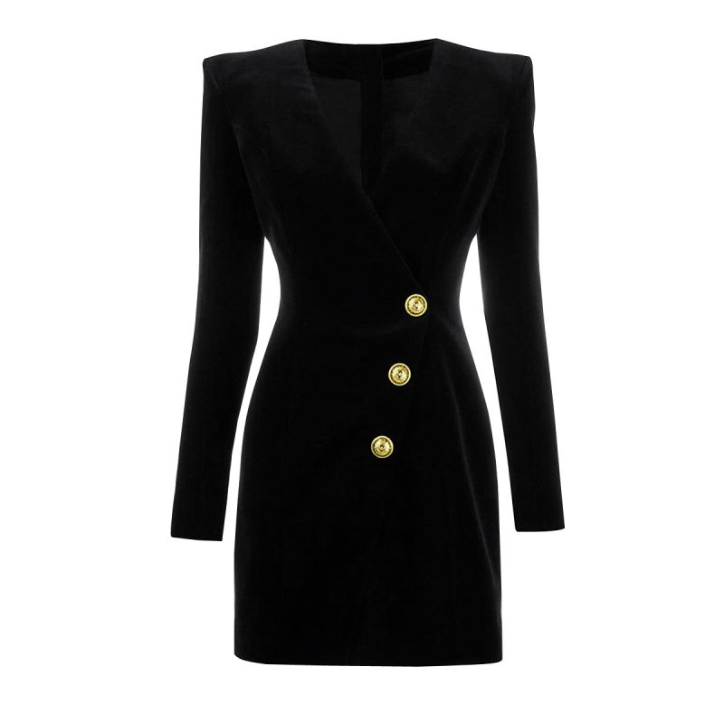 Velvet V-Neck Slim Fit Buttoned Dress Coat - Image 2