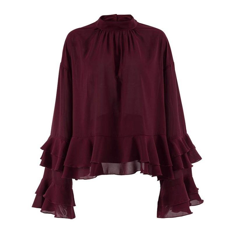 Women’s Brown Ruffled Bell Sleeve Chiffon Top - Image 4