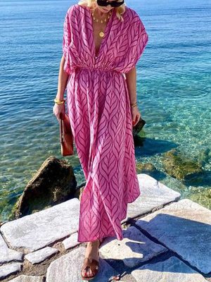 Deep V-Neck Printed Mid-Length Beach Dress