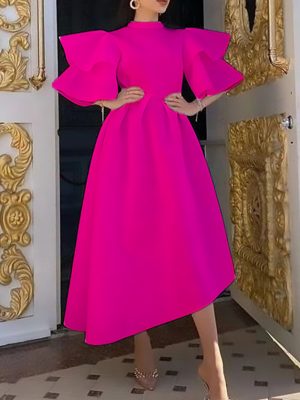 High Neck Ruffle Sleeve Asymmetric Summer Dress