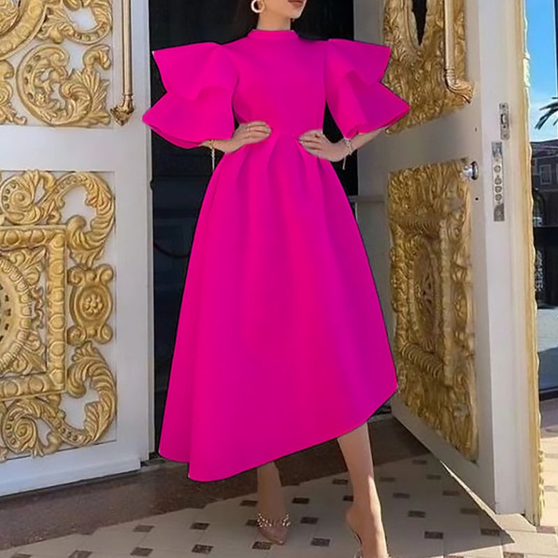 High Neck Ruffle Sleeve Asymmetric Summer Dress