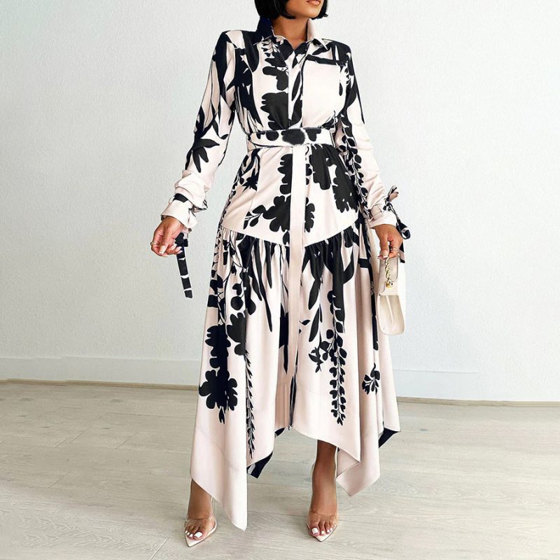 Pattern Print Asymmetric Long Sleeve Dress Women - Image 3