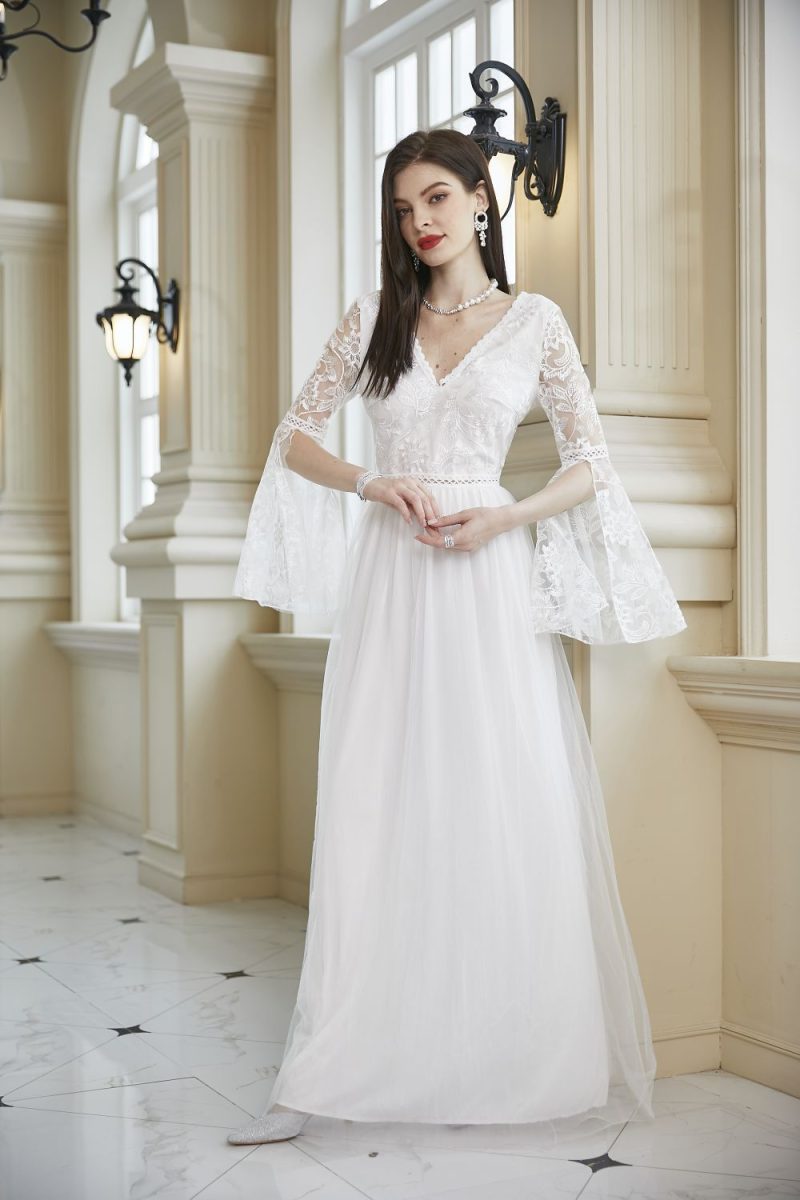 White Lace Mesh Long Sleeve Bridal Dress - Image 4