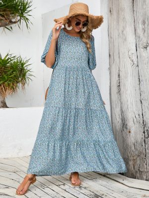 Women’s Retro Floral Round Neck Shirt Dress