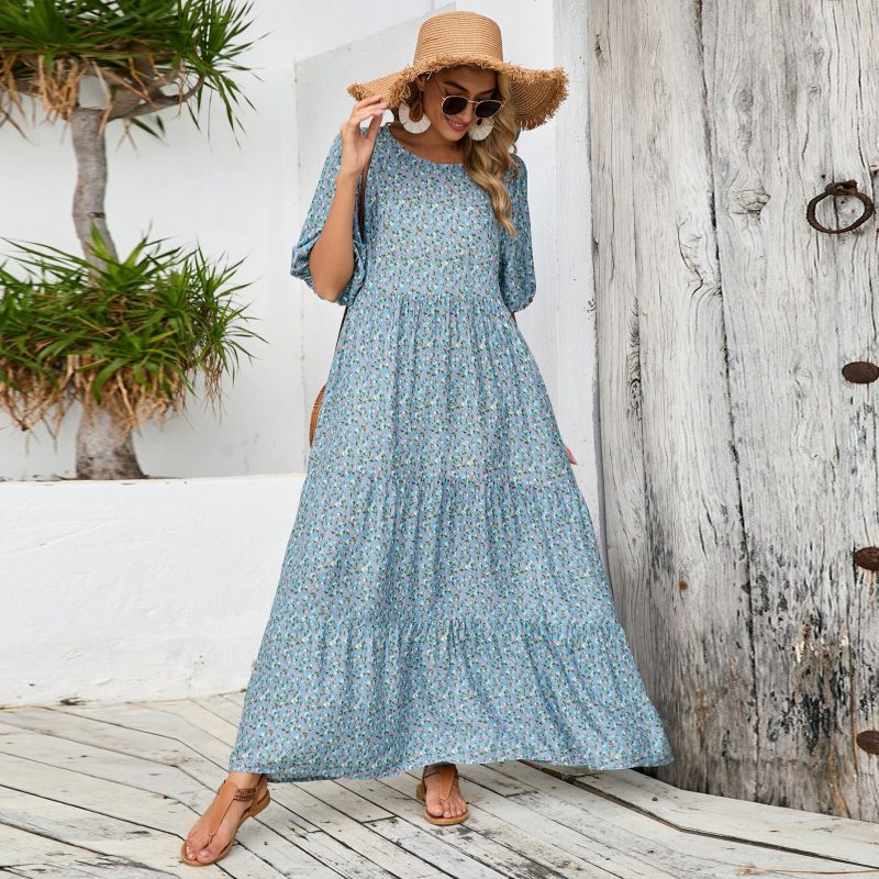 Women’s Retro Floral Round Neck Shirt Dress