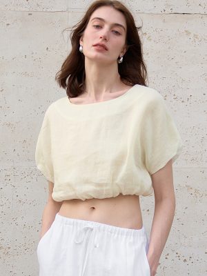 French Ramie Cropped Waist-Tight Summer Top