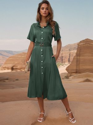 Women's Summer Collared Button Front Green Dress