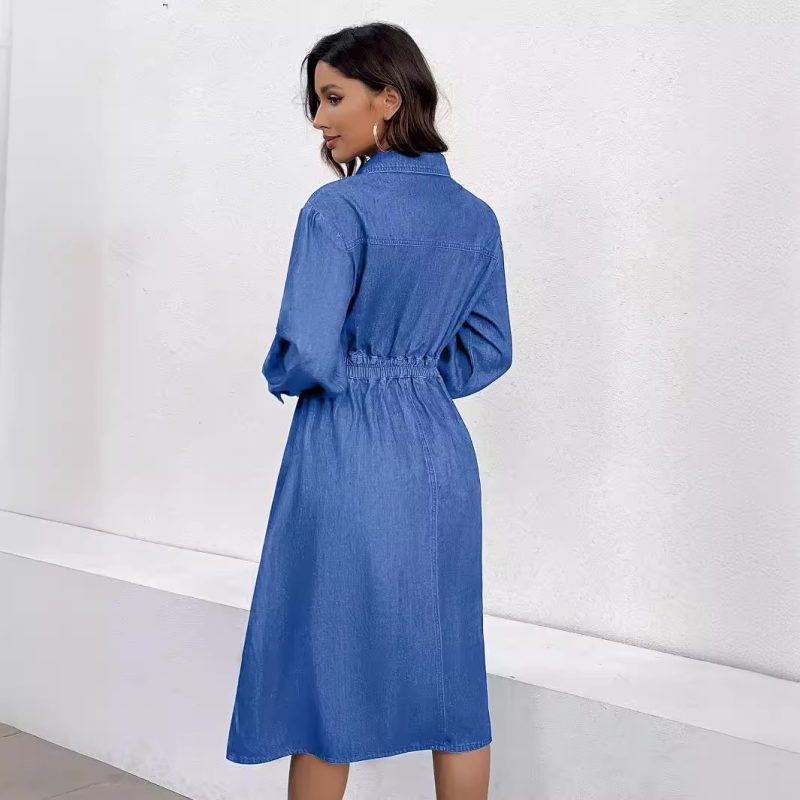 Spring Slimming V-Neck Single-Breasted Denim Dress - Image 2