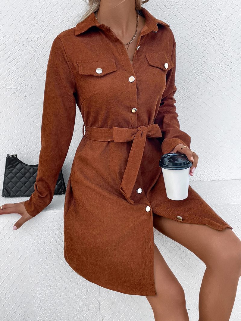 Spring Autumn Winter Corduroy Belt Shirt Dress - Image 2