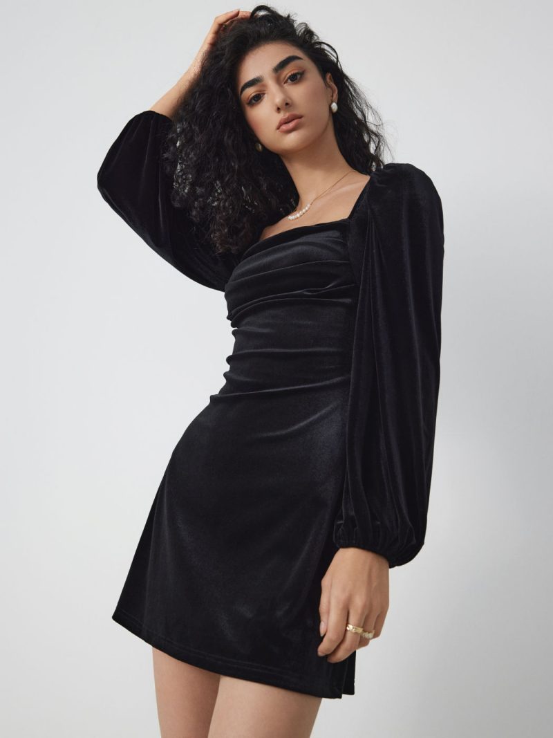 Velvet Square Neck Slim Swing Party Dress - Image 3