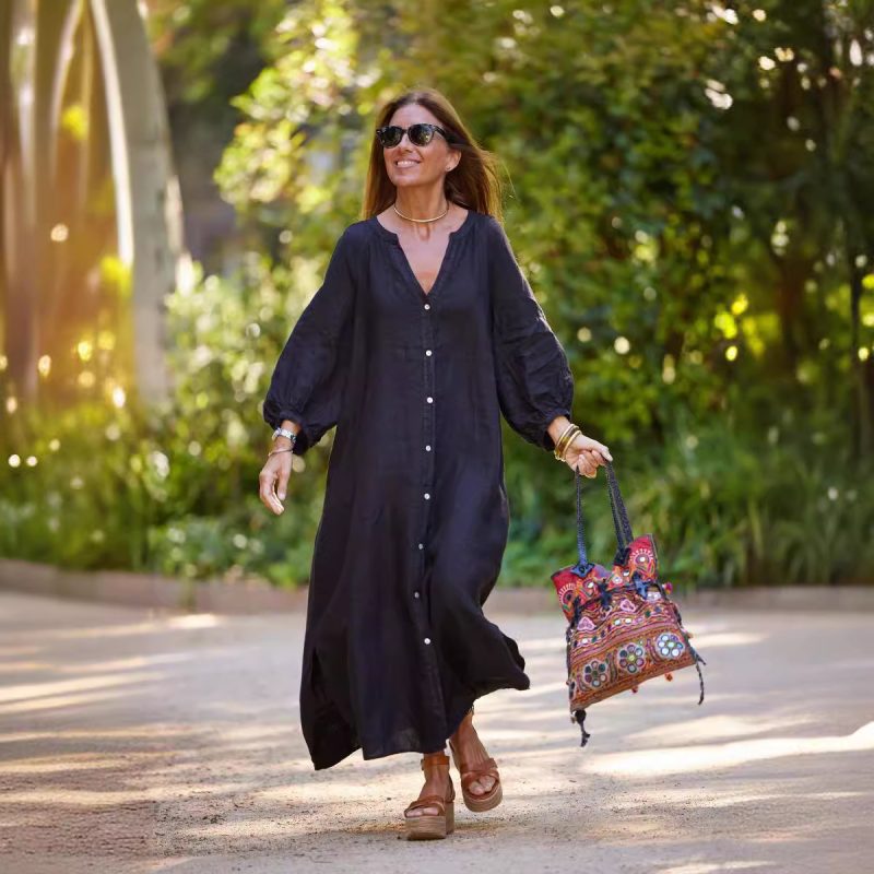 Long Sleeve Cotton Linen Casual Dress Women - Image 3