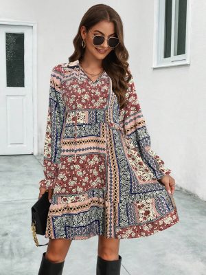 Trendy V-Neck Floral Print Long Dress