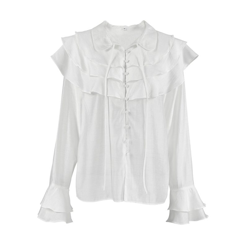 French Tencel Bell Sleeve Ruffled Shirt Women - Image 4