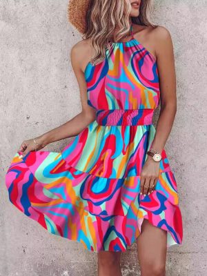 Printed Halter Backless Sleeveless Waist-Tight Dress