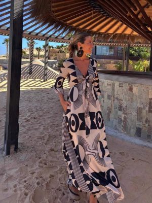 Trendy V-Neck Lace-Up Printed Casual Dress