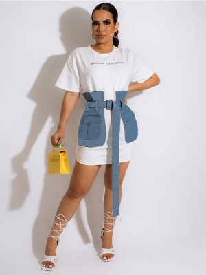 Summer Denim Stitching Dress with Cinched Waist