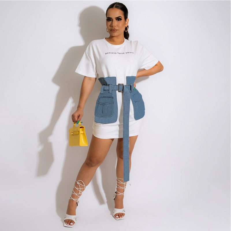 Summer Denim Stitching Dress with Cinched Waist