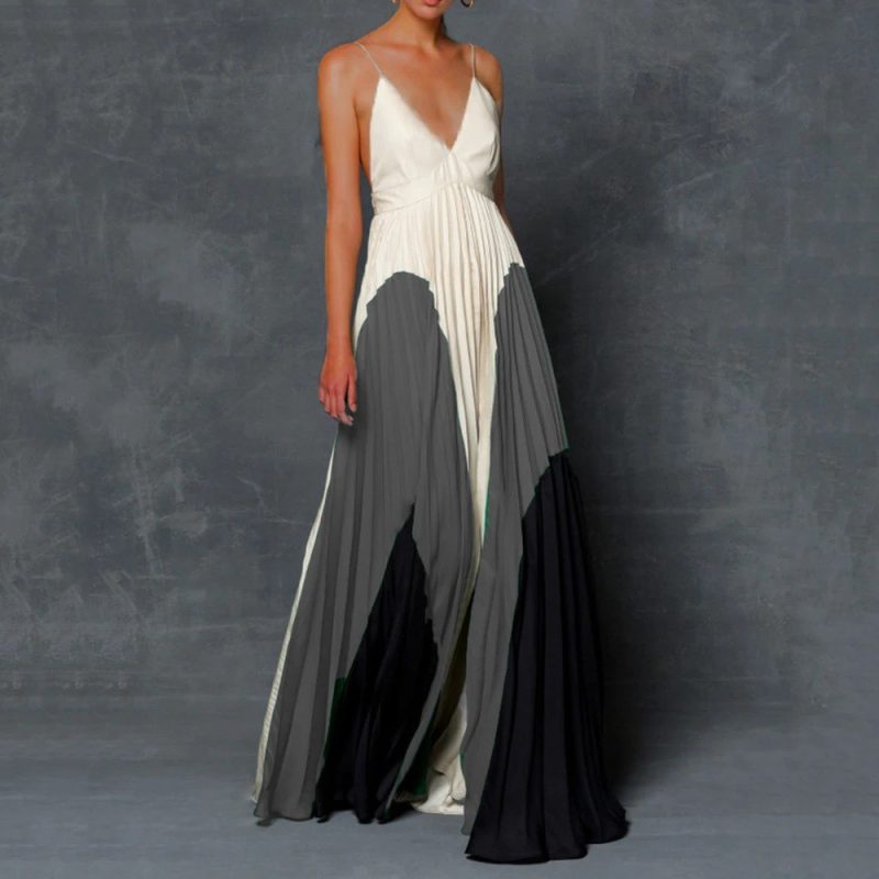 Colorblock Pleated Slim Fit Cami Maxi Dress - Image 3