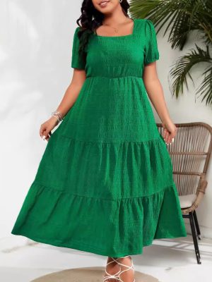 Bubble Sleeve Square Collar Pocket Dress Women