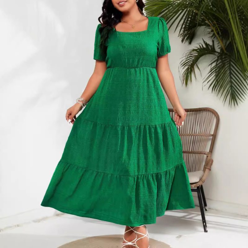 Bubble Sleeve Square Collar Pocket Dress Women