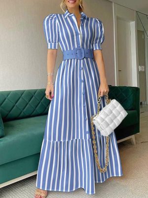 Belted Short Sleeve Workwear Swing Dress Women