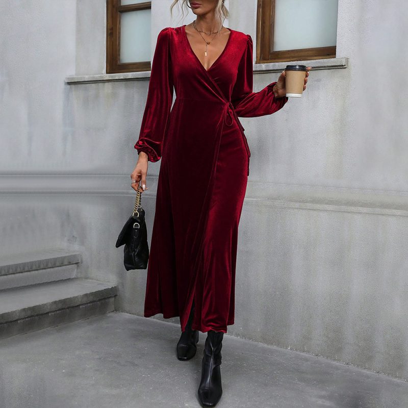 Wine Red Velvet Mid-Length Party Dress - Image 2