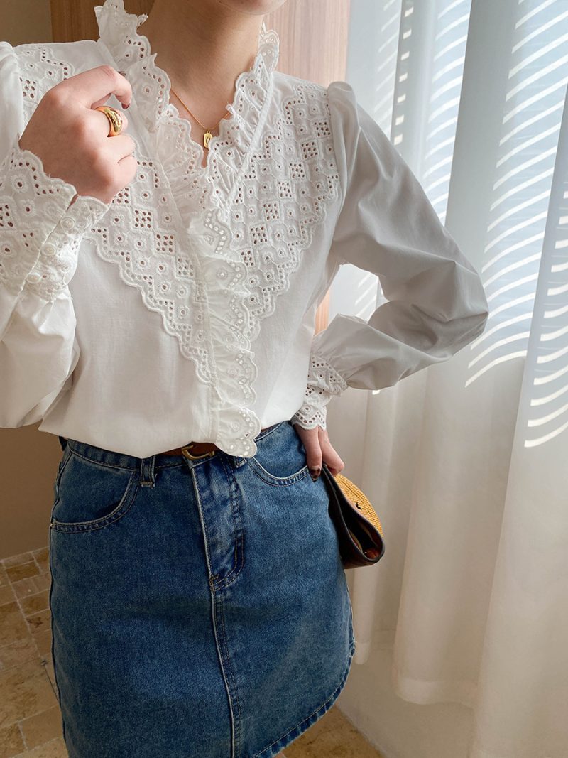 Women’s Cutout Embroidery Lace Vintage Blouse - Image 2