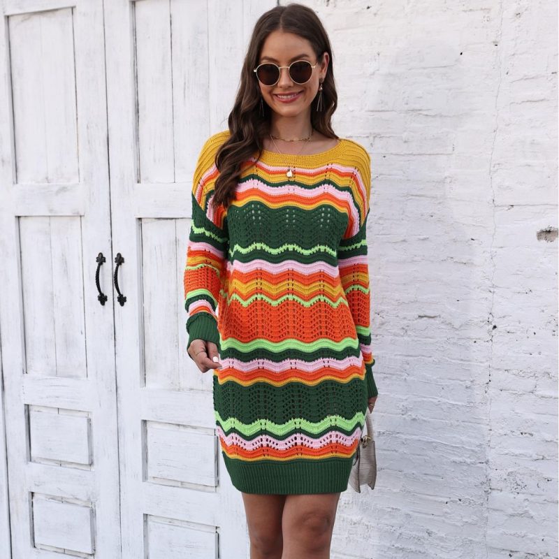 Rainbow Stripe Patchwork Woolen Pullover Dress - Image 2