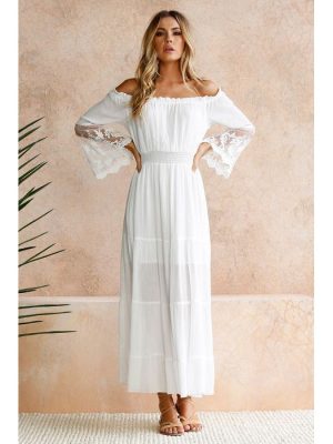 Off-Shoulder Lace Patchwork Flared Sleeve Maxi Dress