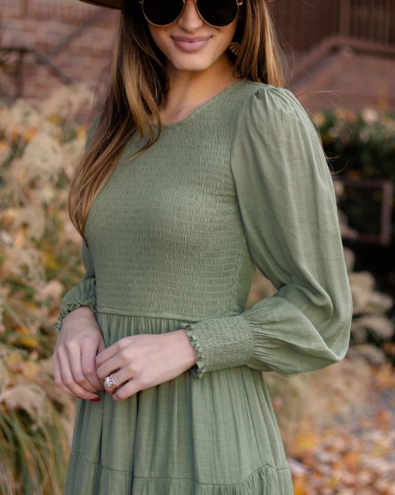 Retro French Smocked Lantern Sleeve Winter Dress - Image 4