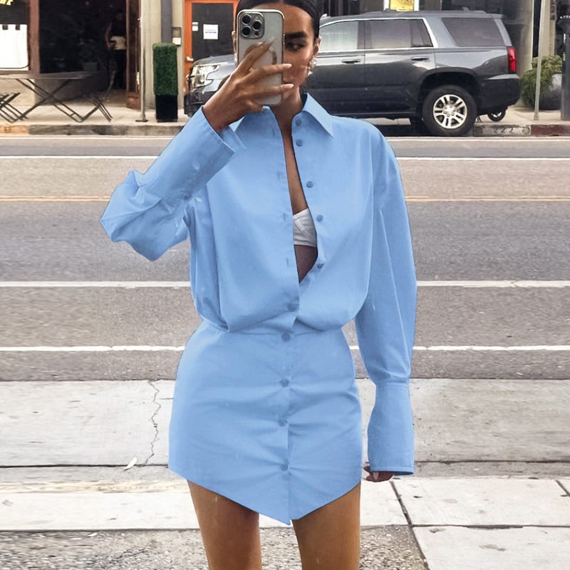 Loose Fit Blue Slim Collared Shirt Dress - Image 2