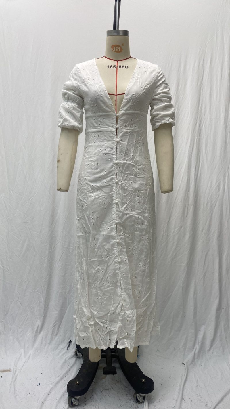 Summer Lace Puff Sleeve Cutout V-Neck Dress - Image 3