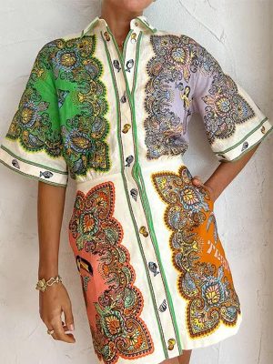 Lightweight Long Sleeve Printed Shirt Dress Women
