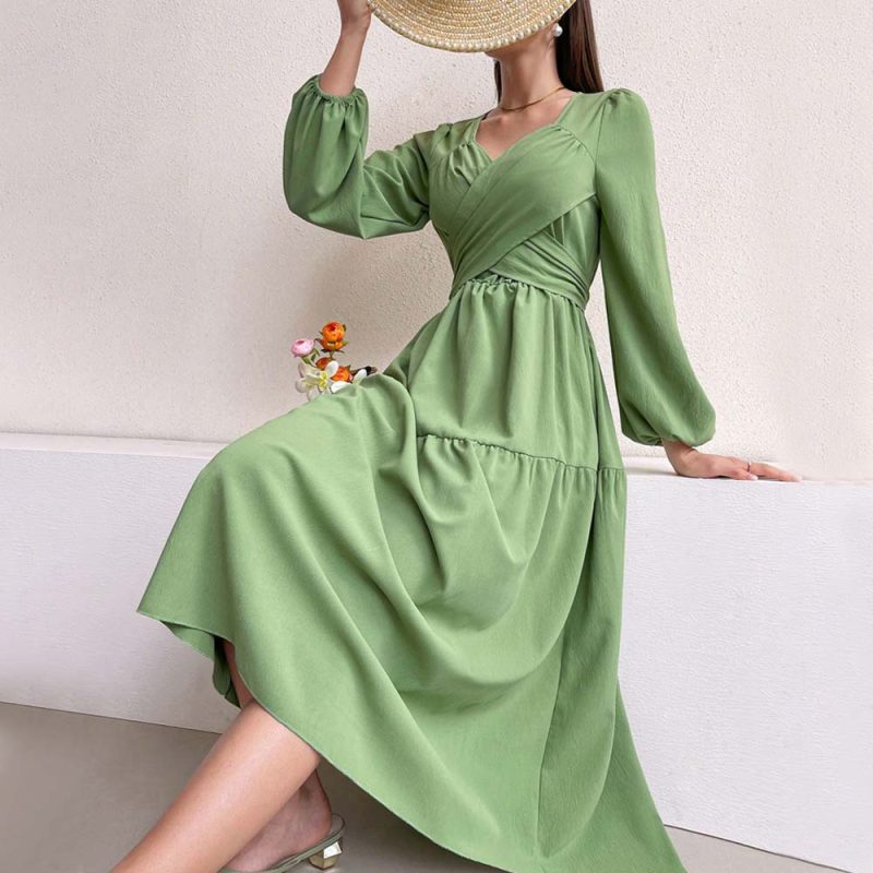 Elegant V-Neck Green Midi Autumn Dress - Image 3