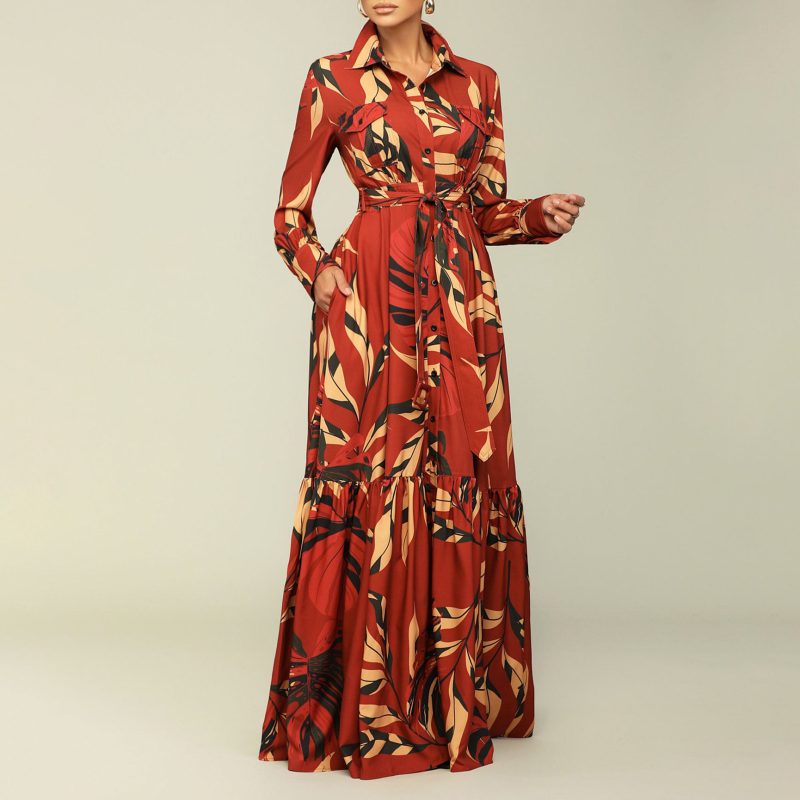 Elegant Autumn Printed Shirt Maxi Dress Women - Image 2
