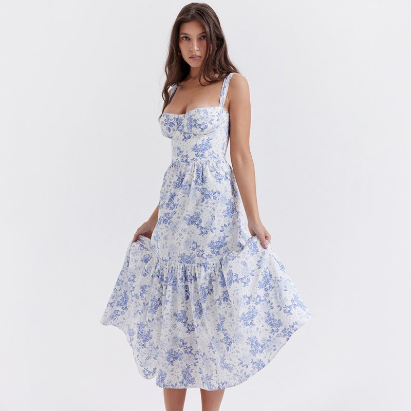 Sweet Floral Backless Midi Summer Strap Dress - Image 2