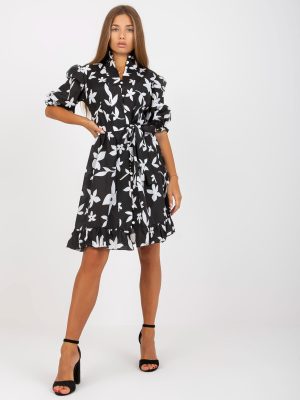 Printed Bubble Sleeve Belted Shirt Dress Women