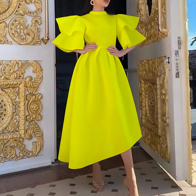 High Neck Ruffle Sleeve Asymmetric Summer Dress - Image 4