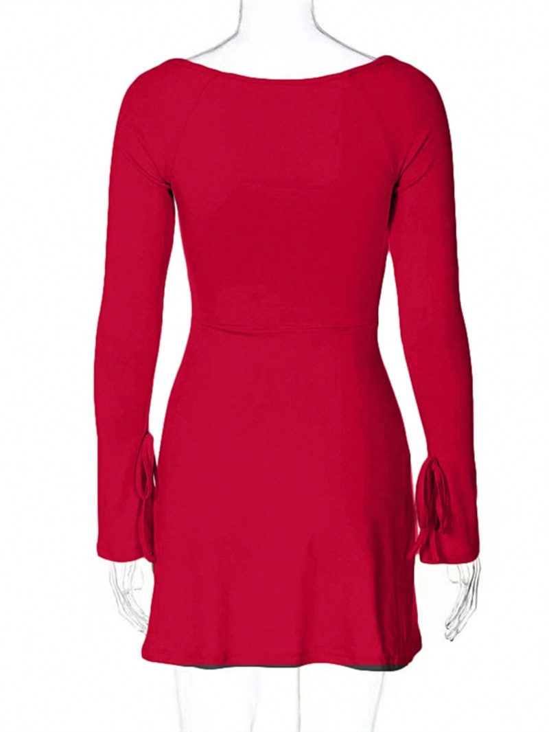 Autumn Red Square Collar Split A-Line Dress - Image 4