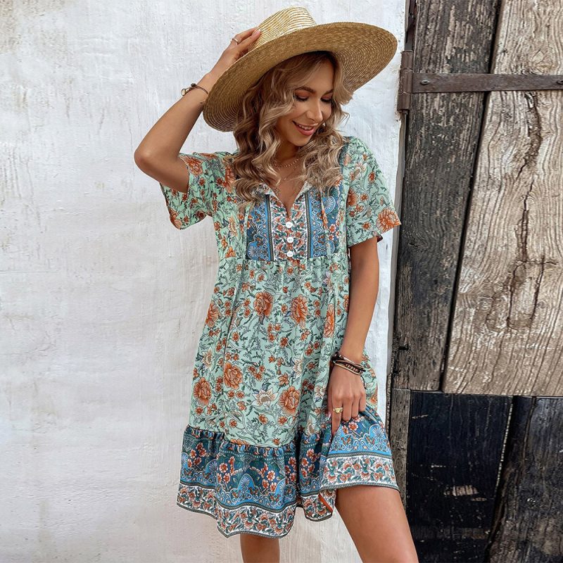 Printed V Neck Loose Woven Holiday Dress - Image 3