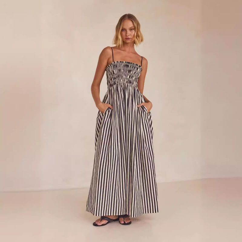 Striped Pocket Sling Dress with Stretch Waist - Image 2