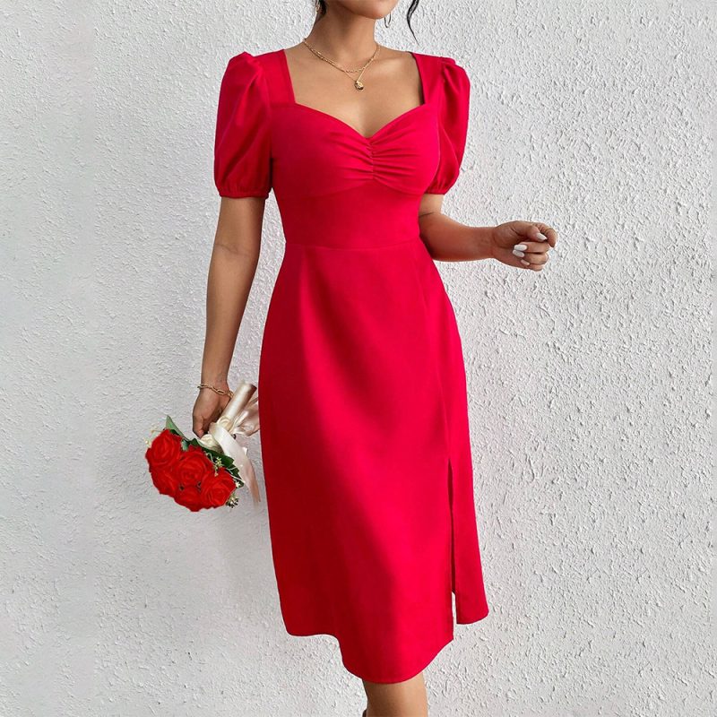 Graceful Square Neck Pleated Slit Dress