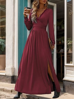 Autumn Slim Fit Split Hem Solid Dress