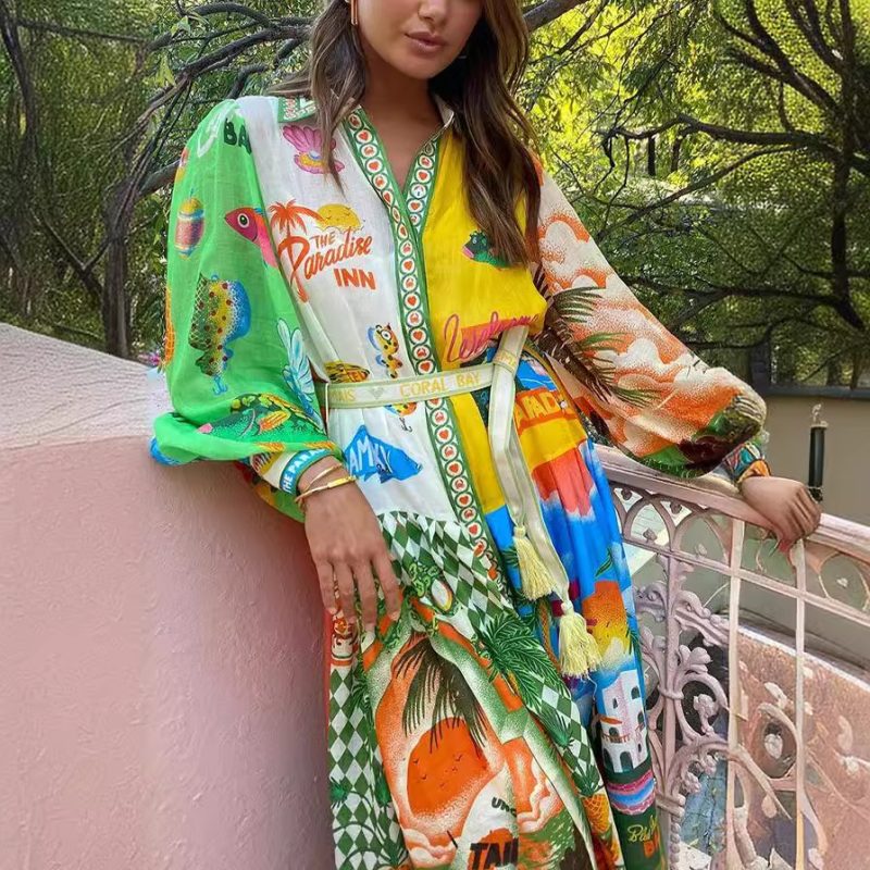Women's Printed Cardigan Style Long Sleeve Dress - Image 2